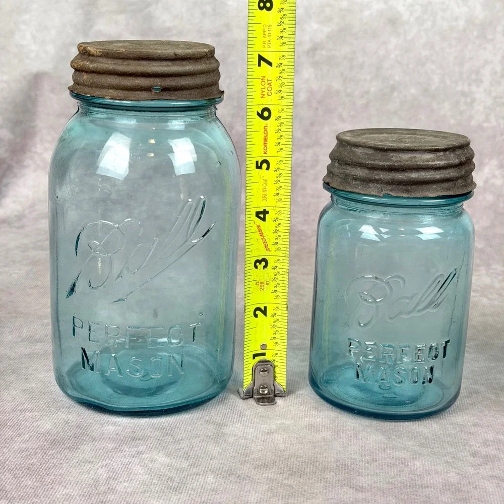 Vintage Ball Perfect Mason Jars Aqua Blue Glass Set of 3 Zinc Lids Antique Decor